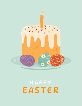 Festive illustration of an Easter cake with a candle and colorful decorated.. Illustrazione stock