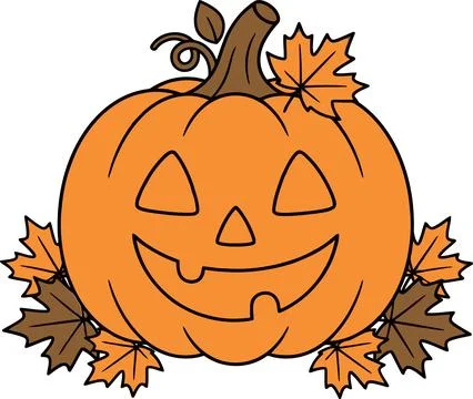 A Festive Jack-o-lantern Pumpkin Decorated With Autumn Leaves Vector Illust.. Stock Illustration
