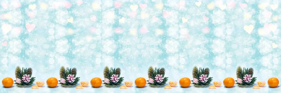 Festive large-format bokeh background with Christmas decorations and tangerines Фото