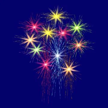 Festive, large, multi-colored fireworks on a blue background illustration. Stock Illustration