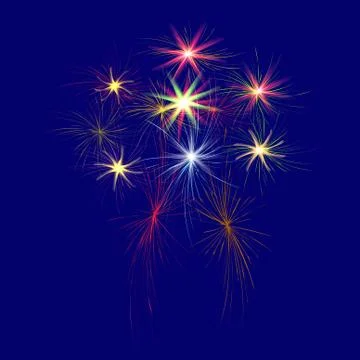 Festive, large, multi-colored fireworks on a blue background illustration. Stock Illustration