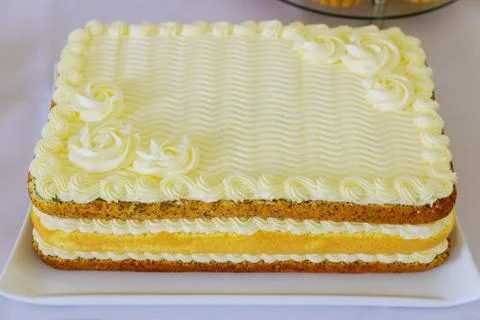Festive layer cake decorated with white icing. Stock Photos