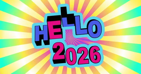 Festive loop animation of 3D HELLO 2026 rotating with energetic colorful rays Stock Footage 315675201