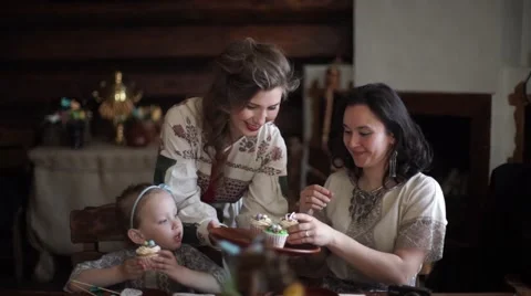 Festive meal. Easter table setting. Cakes. Pancake. Easter. Beautiful table.  Stock Footage 64816517