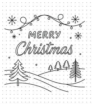 Festive Merry Christmas concept vector featuring pine forest hills and string li Stock Illustration
