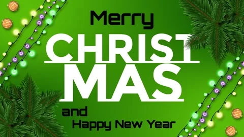 The festive message is framed by pine branches and colorful string lights Stock Footage 321199179