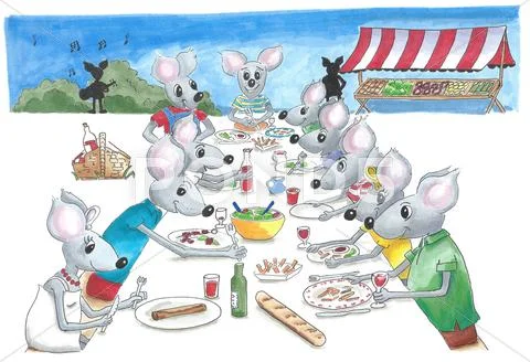 Festive mice eating at the party Stock Illustration