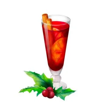 Festive Mulled Red Wine Composition: A watercolor illustration of glass with  Stock Illustration