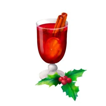 Festive Mulled Red Wine Composition: A watercolor illustration of glass with  Illustrazione stock