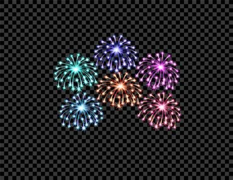 Festive multi-colored fireworks salute, flashes on a transparent checkered ba Stock Illustration