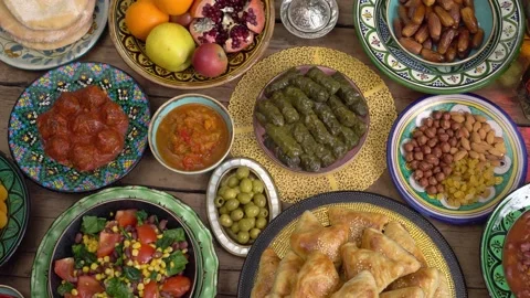 Festive Muslim table top view. Tradition... | Stock Video | Pond5