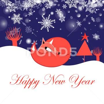 Festive New Year greeting card with fox Stock Illustration