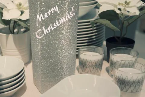 Festive New Year table setting with dishes. Stock Photos