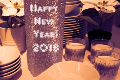 Festive New Year table setting with dishes. Stock Photos