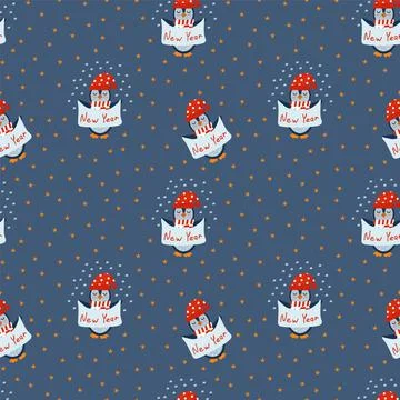 Festive New Year's pattern with penguins. Cute animals for Christmas textile Stock Illustration