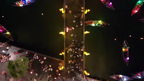 Festive Night in Hoi An with Lanterns and Riverboats Stock-Footage 308956836