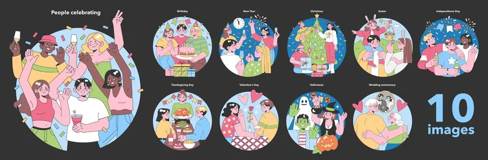 Festive Occasions set. Dark background. Flat vector illustration. 스톡 일러스트