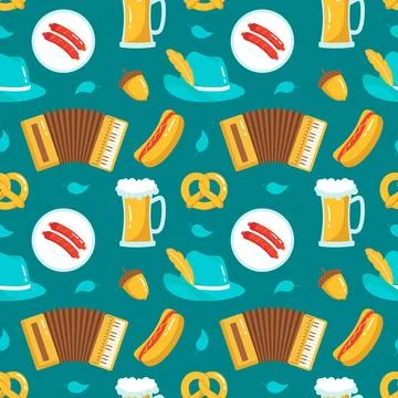 Festive Oktoberfest Seamless Pattern Design with Flat Cartoon Illustration Stock Illustration