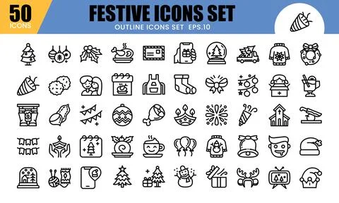 Festive Outline Icons Collection. Vector illustration.This icons related to.. Stock Illustration
