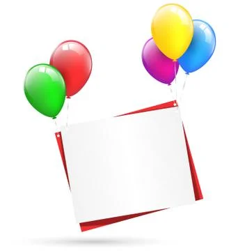 Festive paper sheets hang on multicolored inflatable air balls i Stock Illustration