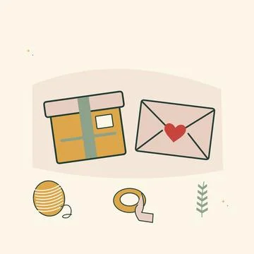 Festive parcel packing with postage envelope. Decorative flat vector composit Stock Illustration