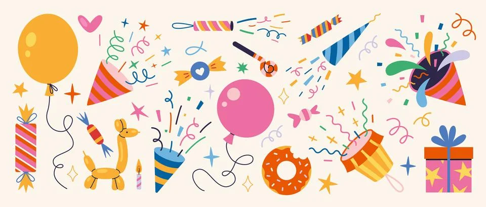 Festive party elements set, including balloons, confetti, poppers, candles,.. Stock Illustration