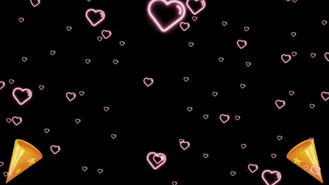 Festive party poppers exploding with glowing neon heart shapes against black 스톡 동영상 338387618