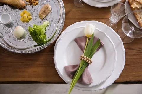 Festive Passover table setting, top view. Pesach celebration Stock Photos