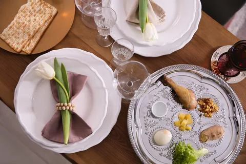 Festive Passover table setting, top view. Pesach celebration Stock Photos
