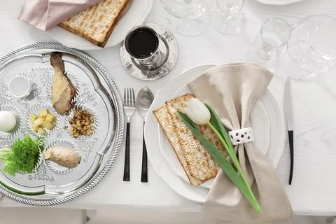 Festive Passover table setting, top view. Pesach celebration Stock Photos