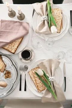 Festive Passover table setting, top view. Pesach celebration Stock Photos