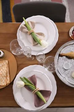 Festive Passover table setting, top view. Pesach celebration Stock Photos