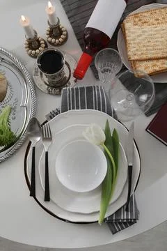 Festive Passover table setting, top view. Pesach celebration Stock Photos