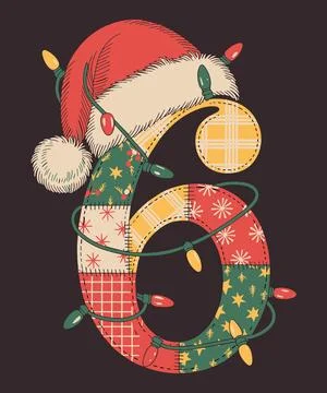 Festive Patchwork Number Six Decorated With Glowing Holiday Lights And A Cozy Ilustración de archivo