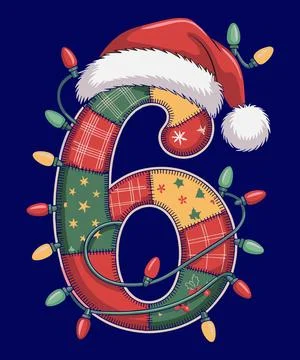Festive Patchwork Number Six Wearing Cozy Holiday Santa Hat With Glowing Colo Ilustración de archivo