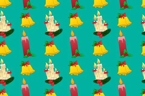 Festive Pattern with Christmas Bells and Candles on Green Background イラスト素材