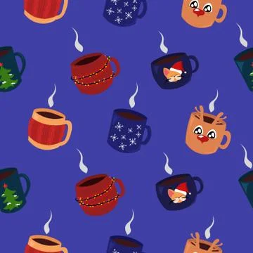 Festive pattern. Christmas, New Year. Cute mugs, hot drinks. Presents. Stock Illustration