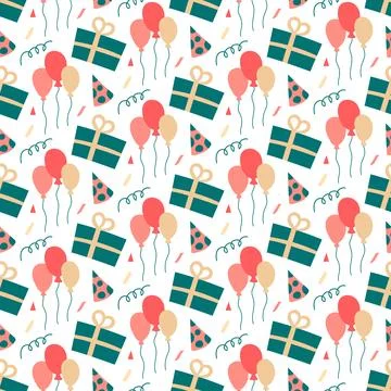 Festive pattern. Confetti and balloons. Gift and holiday cap. Birthday or party Stock Illustration