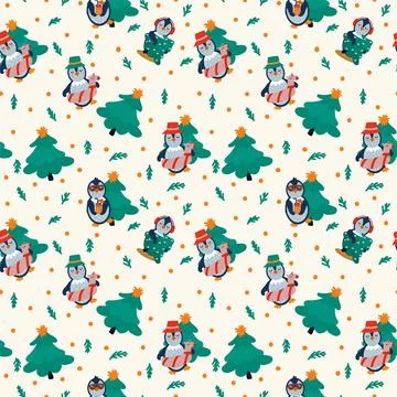 Festive pattern with cute penguins. Christmas doodle background Christmas with Stock Illustration