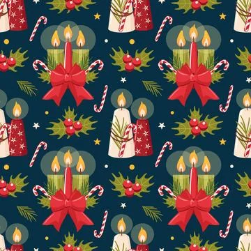 This festive pattern features candles, holly, and candy canes, spreading holiday 스톡 일러스트