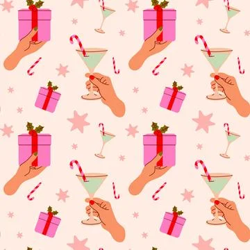 Festive pattern featuring hands holding gifts Illustrazione stock