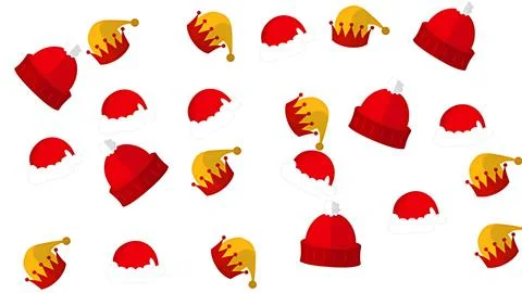 Festive pattern featuring red Santa hats and yellow elf crowns on a clean w.. Stock Illustration