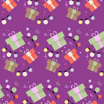 Festive pattern. Gifts, green, red, brown, garland. Vector illustration イラスト素材