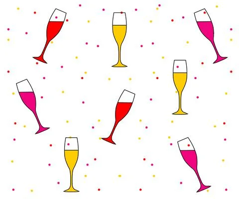 Festive pattern of multicolored wine glasses with drinks and confetti Stock Illustration