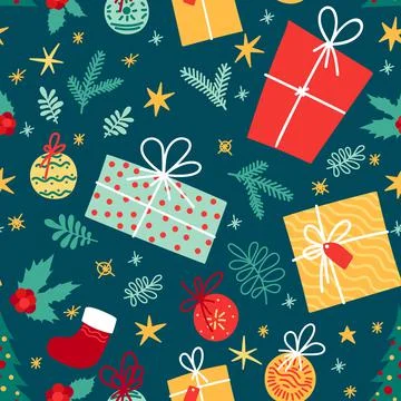 Festive pattern with New Year elements, decoration for the holiday, gifts Stock Illustration