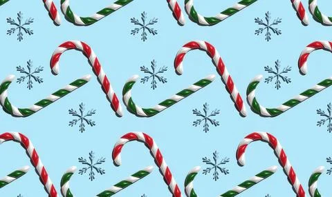 Festive pattern of striped Christmas candy canes and blue snowflakes, 3D re.. Stock Photos