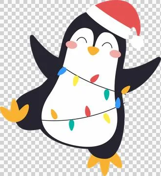 Festive penguin is standing in flat design on transparent background, wearing Stock Illustration