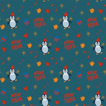 Festive Penguins pattern. Cute doodle background Christmas. Winter animals Stock Illustration