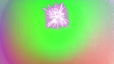 Festive pink fireworks explosion with floating heart shapes on a vibrant green Stock Footage 337463324