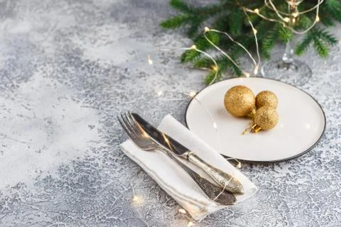 Festive place setting for christmas dinner. Top view. Copy space. Stock Photos